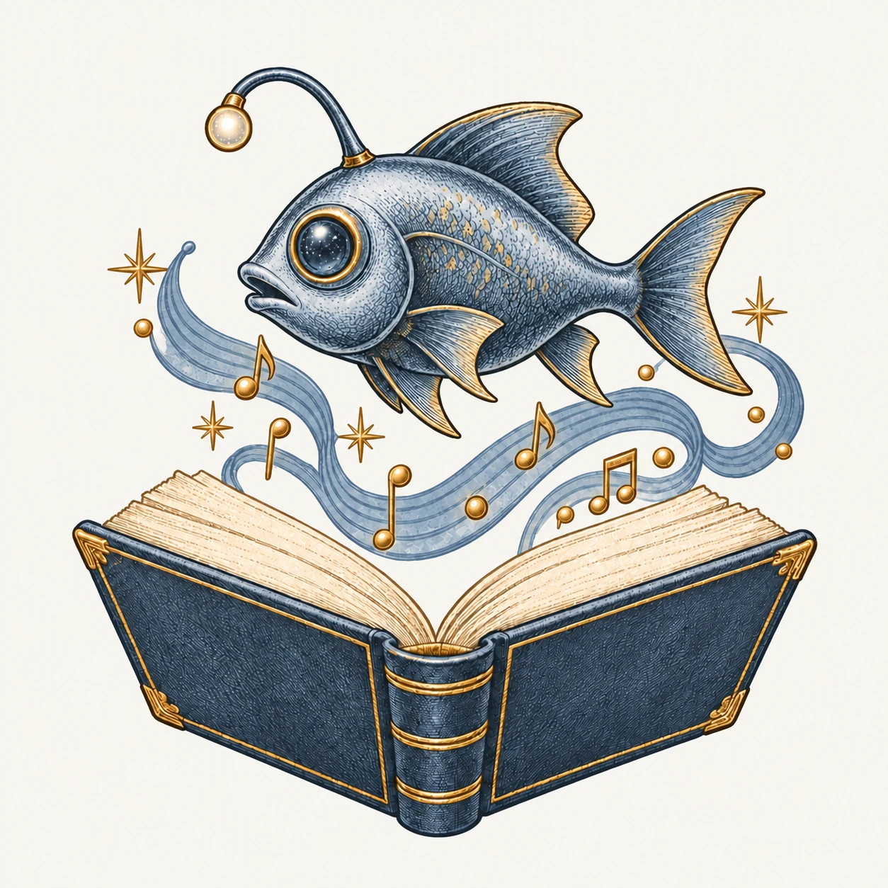 A blue Babel fish with gold accents above an open guide, surrounded by blue sound waves and musical notes