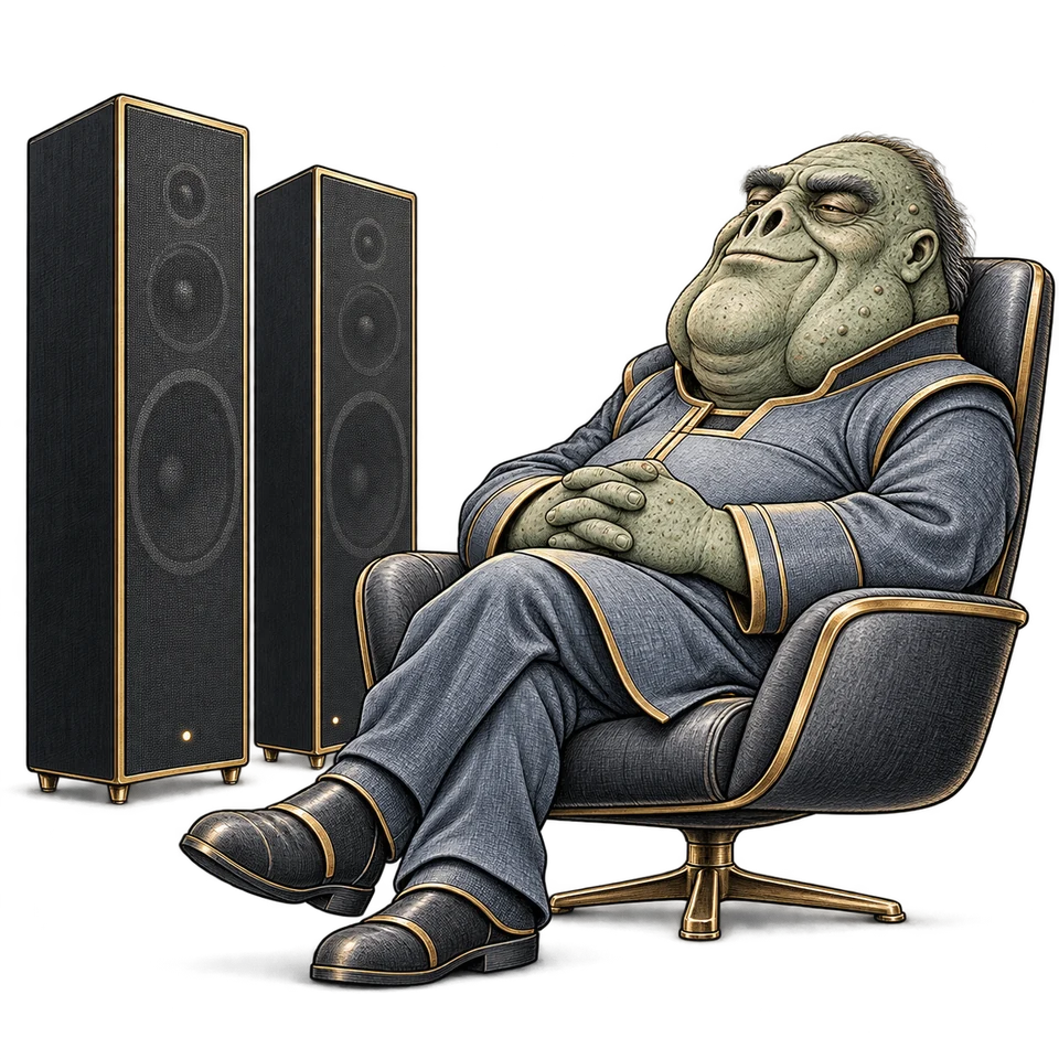 A Vogon listening to a pair of monolith speakers