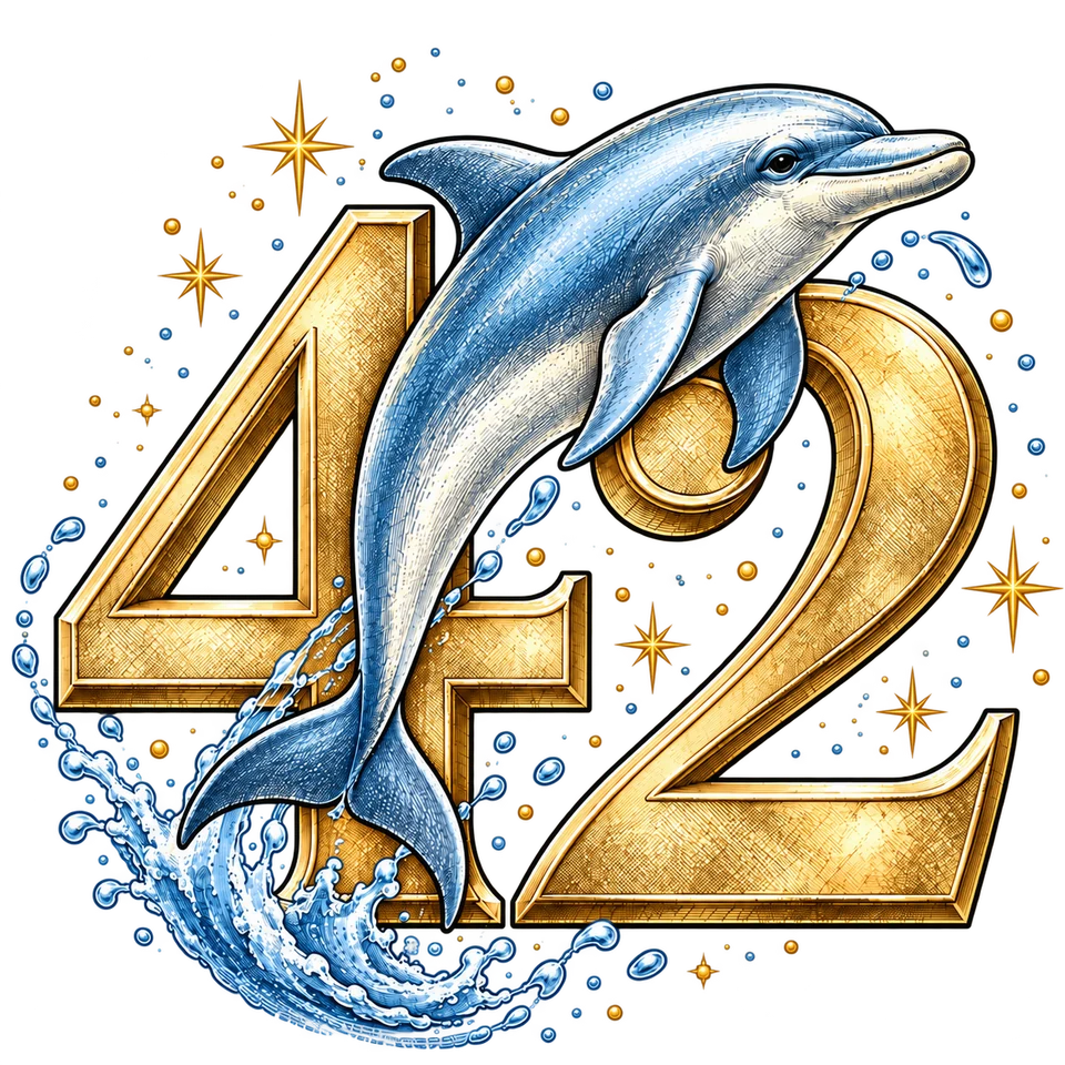 A dolphin leaping in front of the number 42