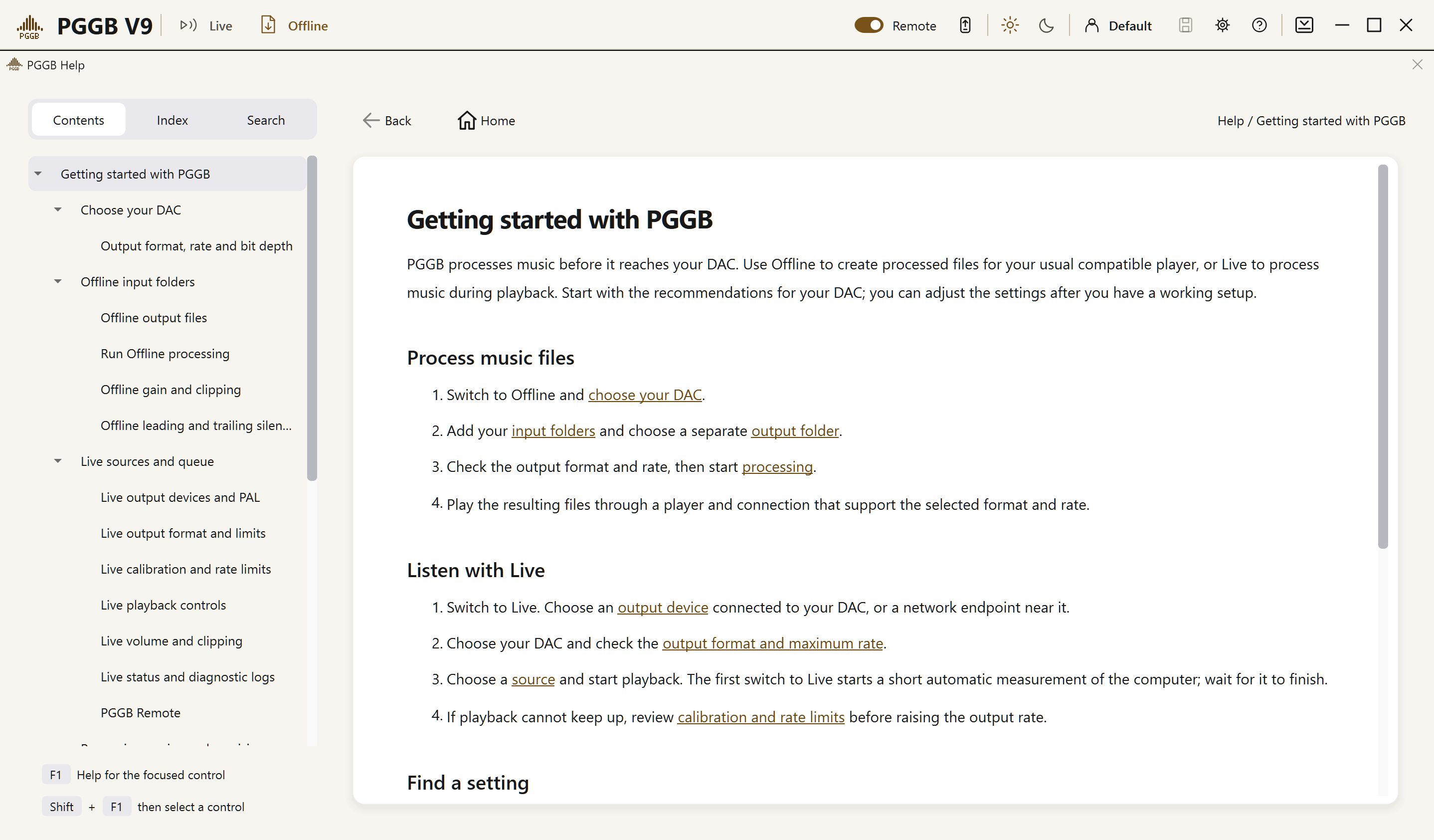 Built-in PGGB Help with Contents and Getting started