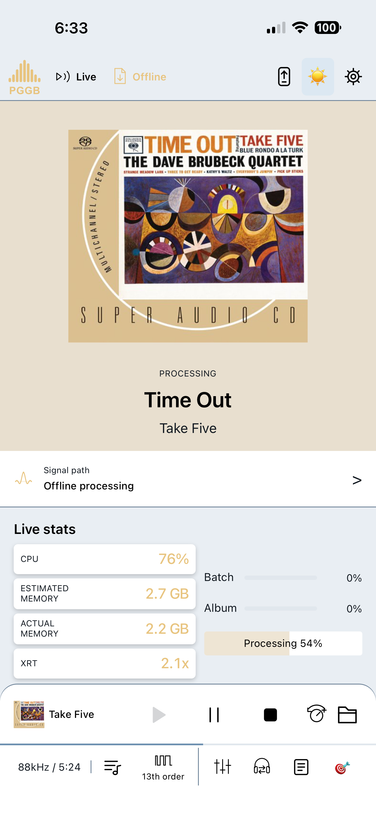 PGGB Remote processing Take Five in Offline mode, with memory use and progress.