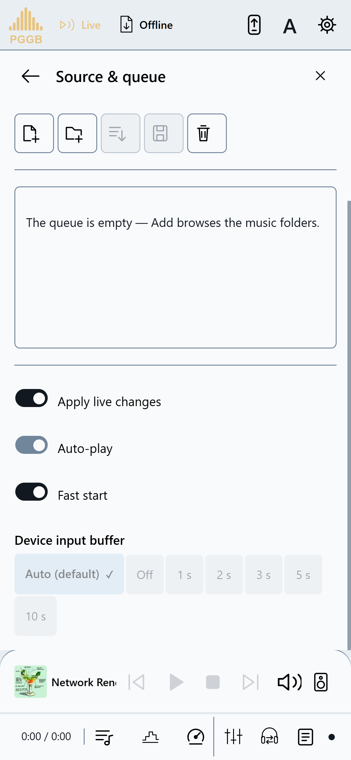 PGGB Remote: Settings → Live → Source & queue. Current accepted interface.