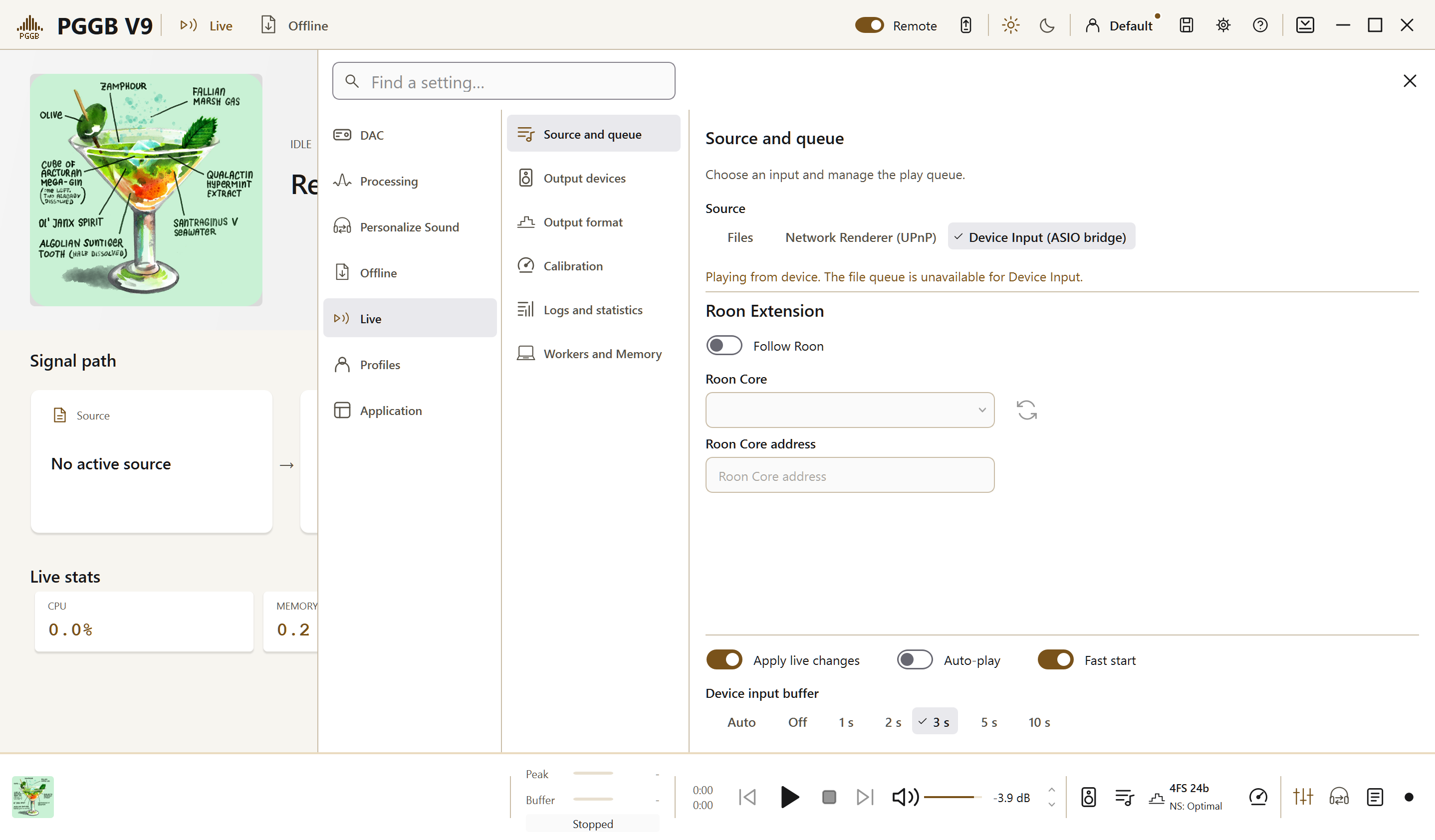 PGGB Source and queue with Device Input selected, before enabling Follow Roon. The Core controls are disabled.