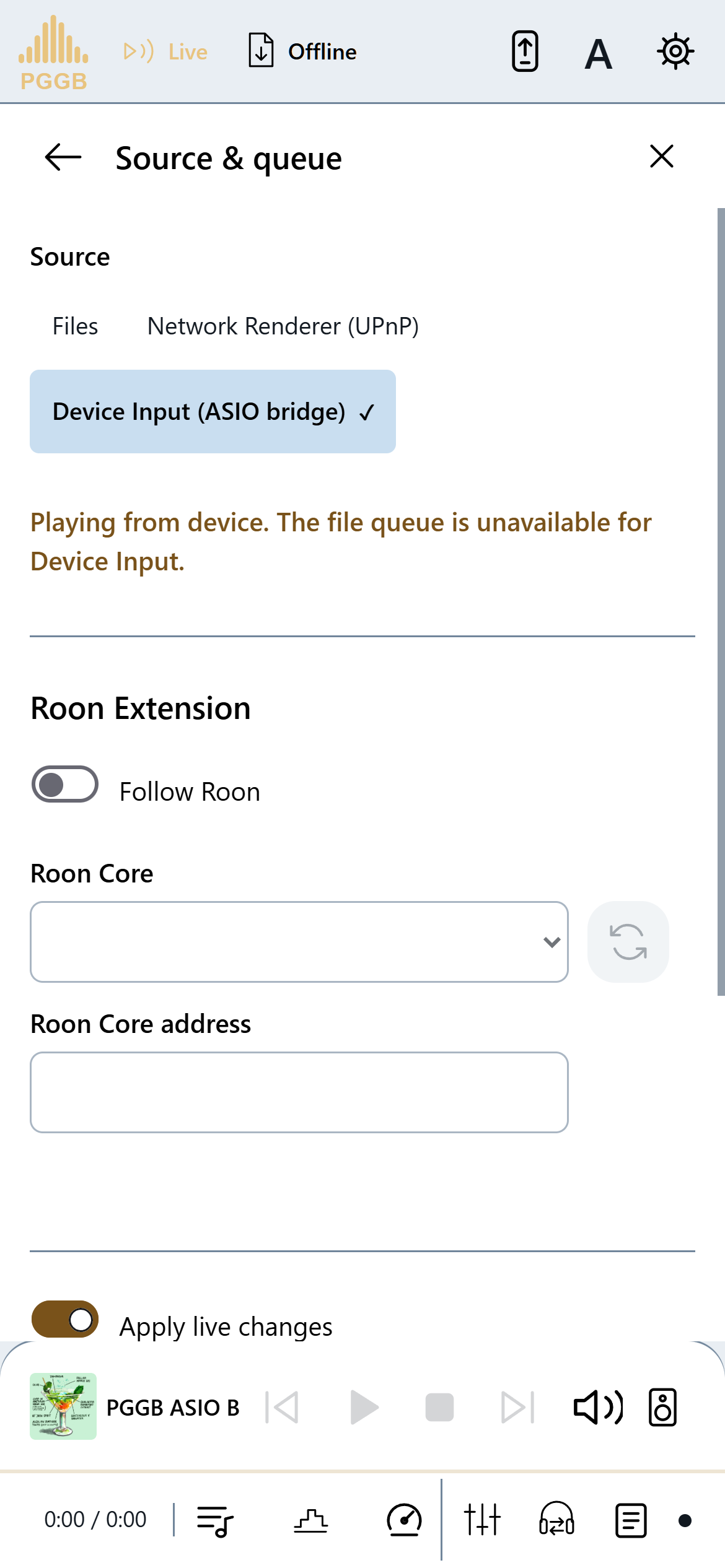 Remote Source and queue on a phone, with Device Input selected and Follow Roon off.