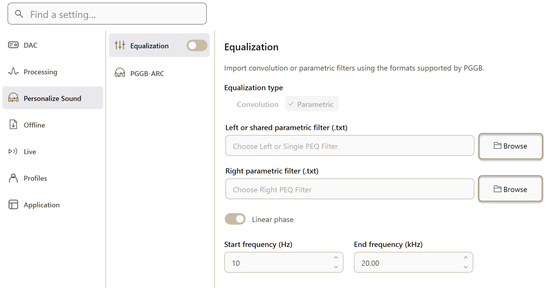 PGGB Settings: guide equalization parametric. Current Windows application, idle.