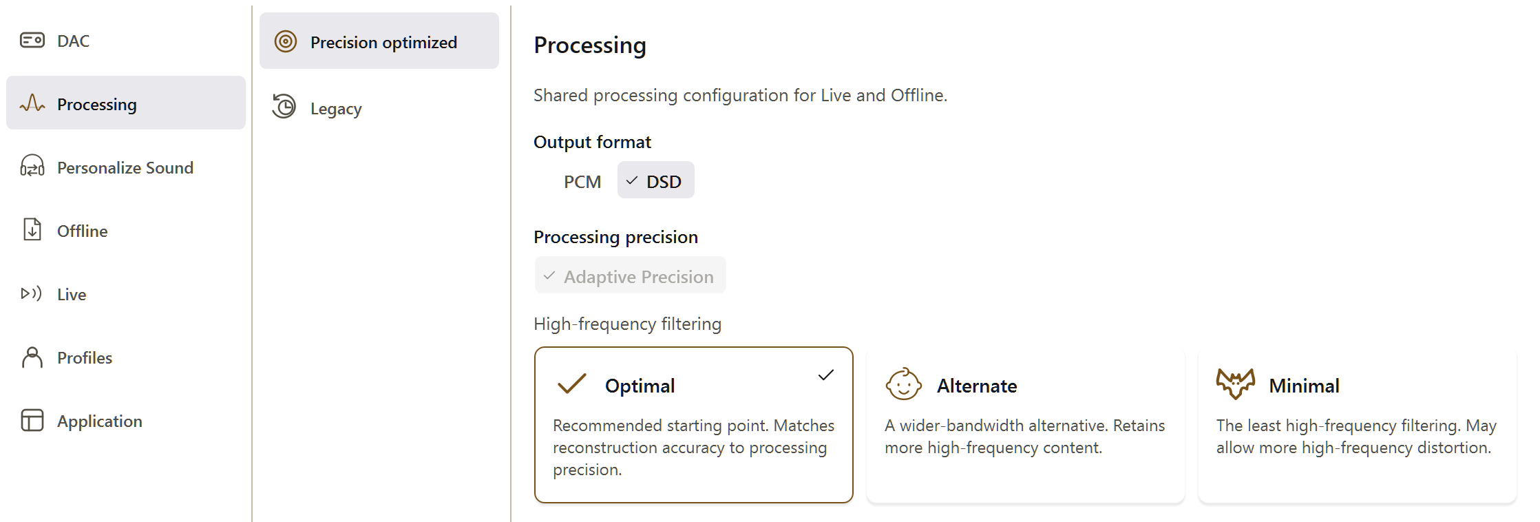 PGGB Settings: processing pcm optimized. Current Windows application, idle.