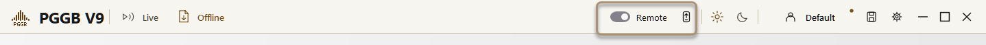Current PGGB header with the Remote toggle and Links button. Windows application, Offline idle.
