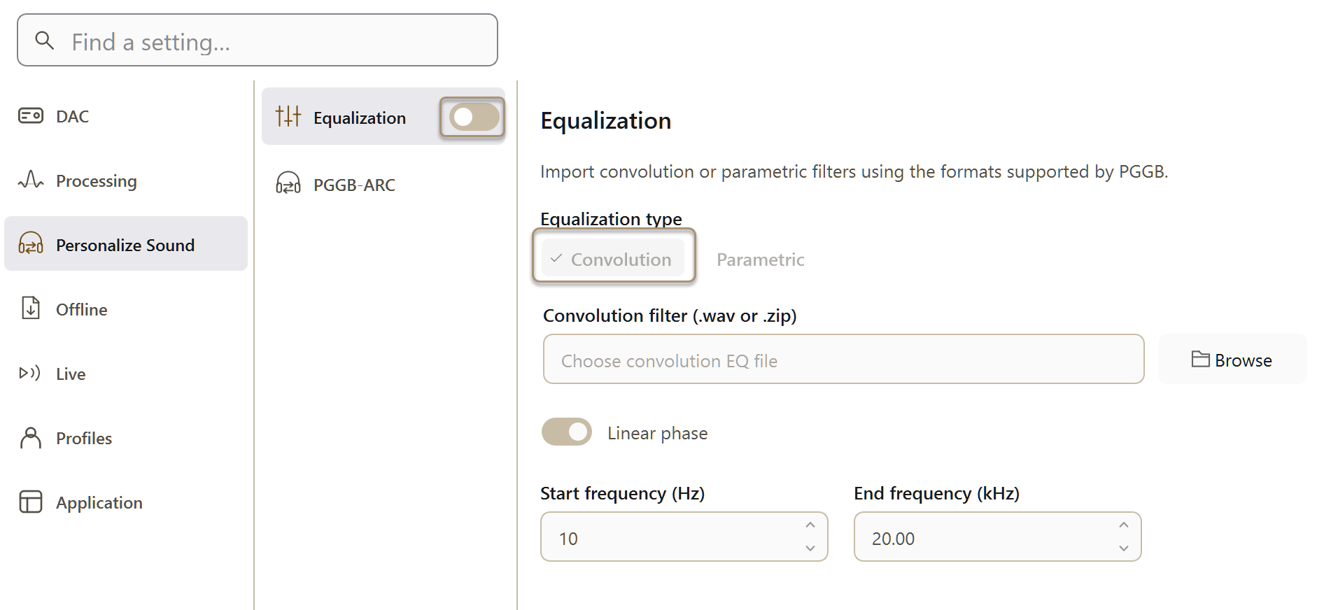 PGGB Settings: equalization. Current Windows application, idle.