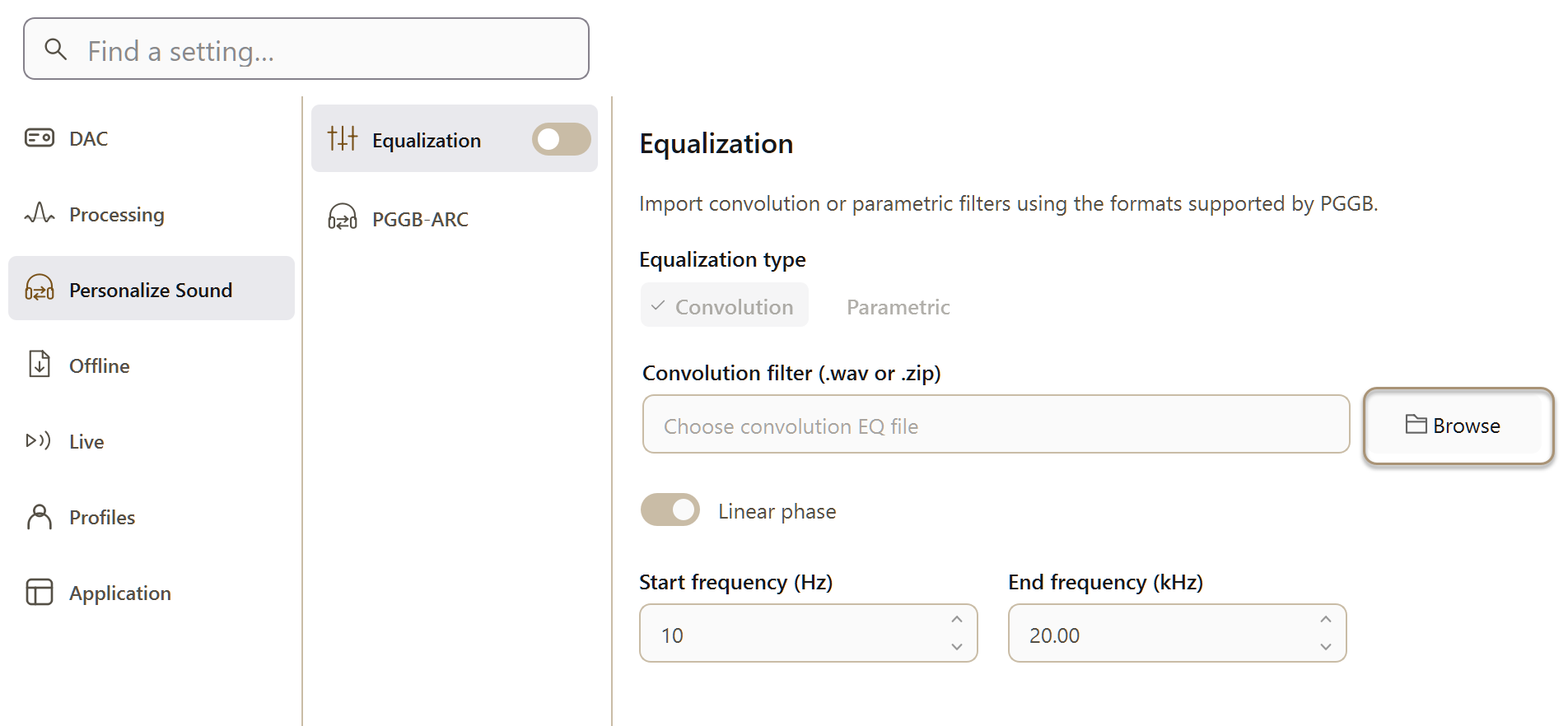 PGGB Settings: equalization. Current Windows application, idle.