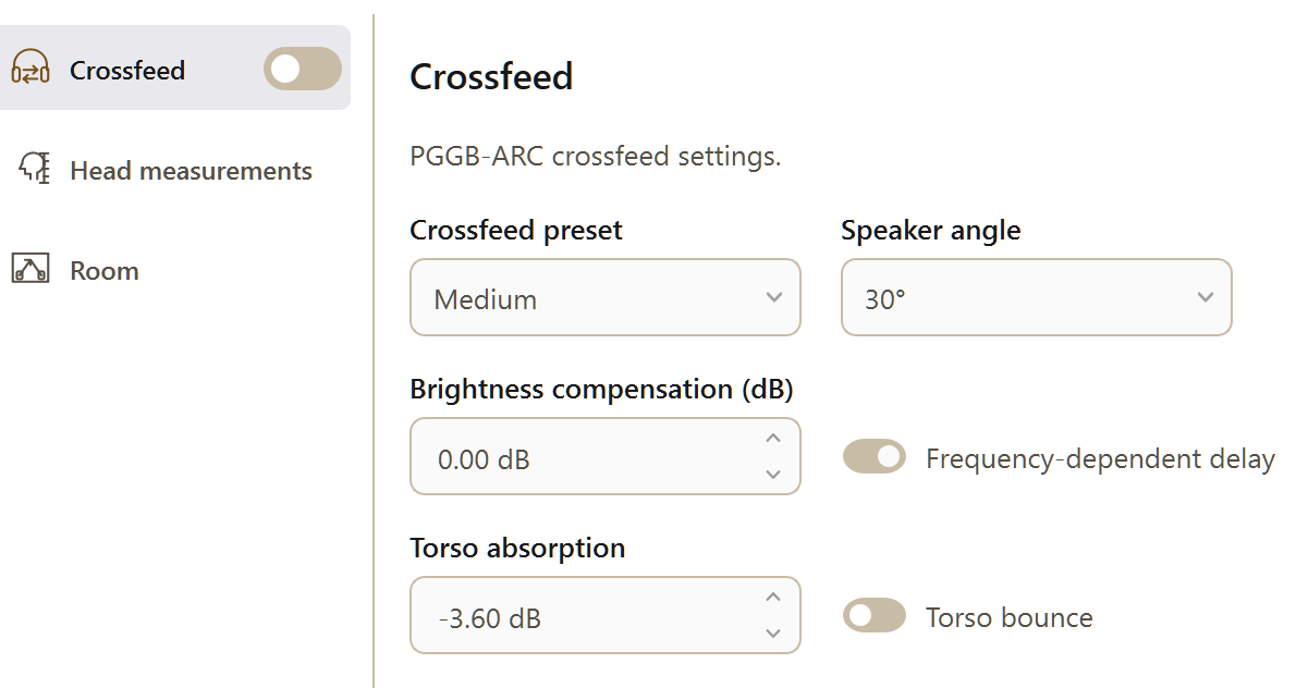 PGGB Settings: crossfeed. Current Windows application, idle.