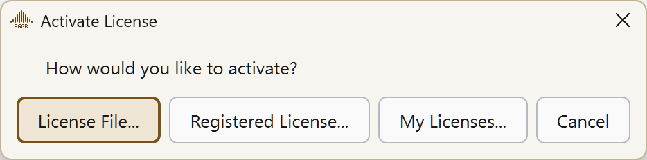 The Activate License dialog asking how you would like to activate, with License File, Registered License and My Licenses.