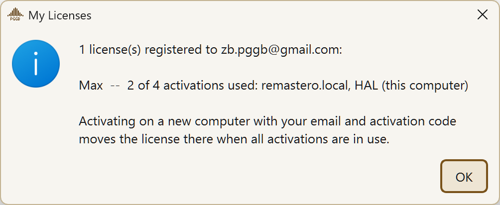 The My Licenses dialog, listing each license with its tier and how many activations it has used.