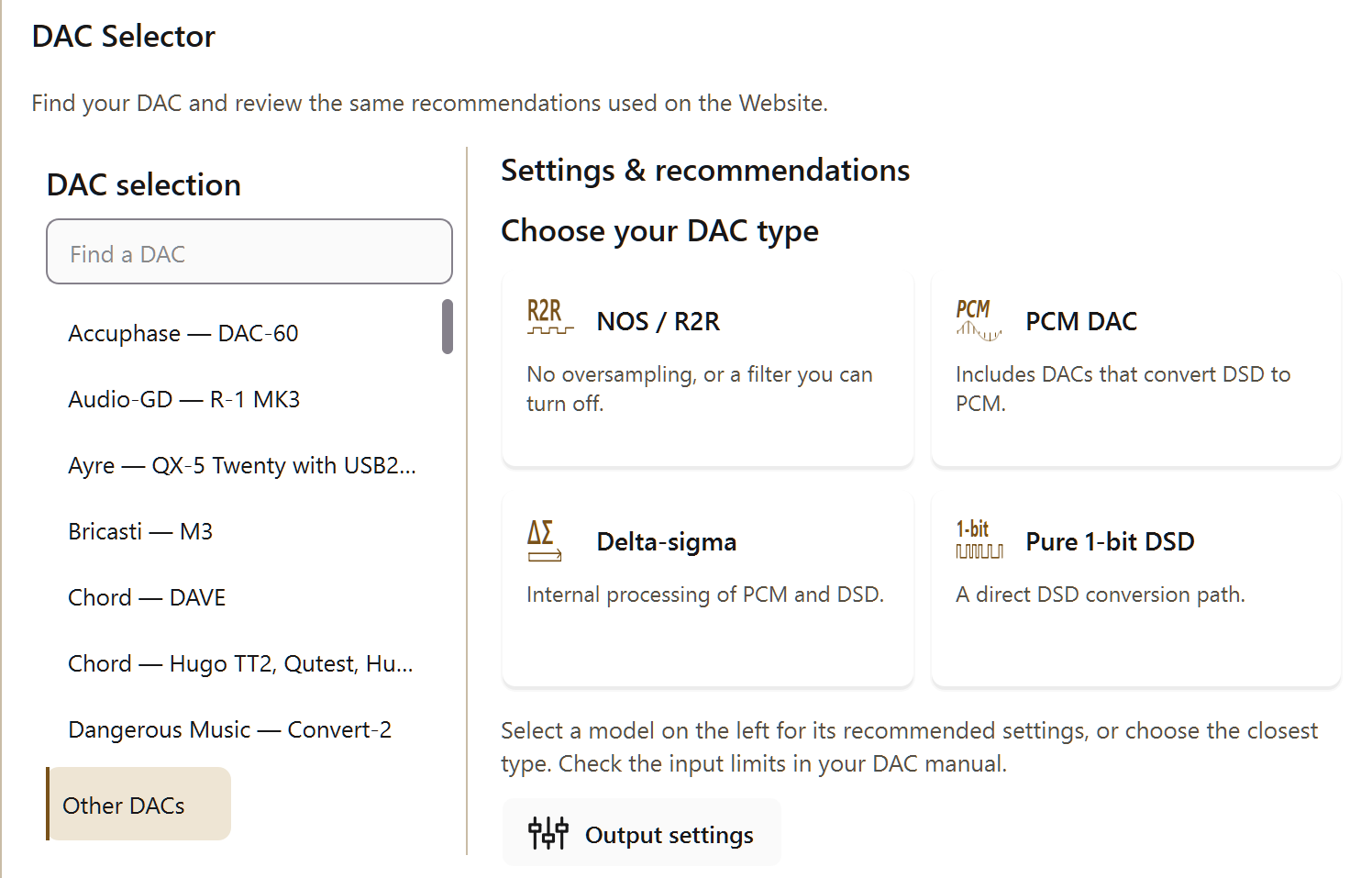 PGGB Settings: dac settings. Current Windows application, idle.