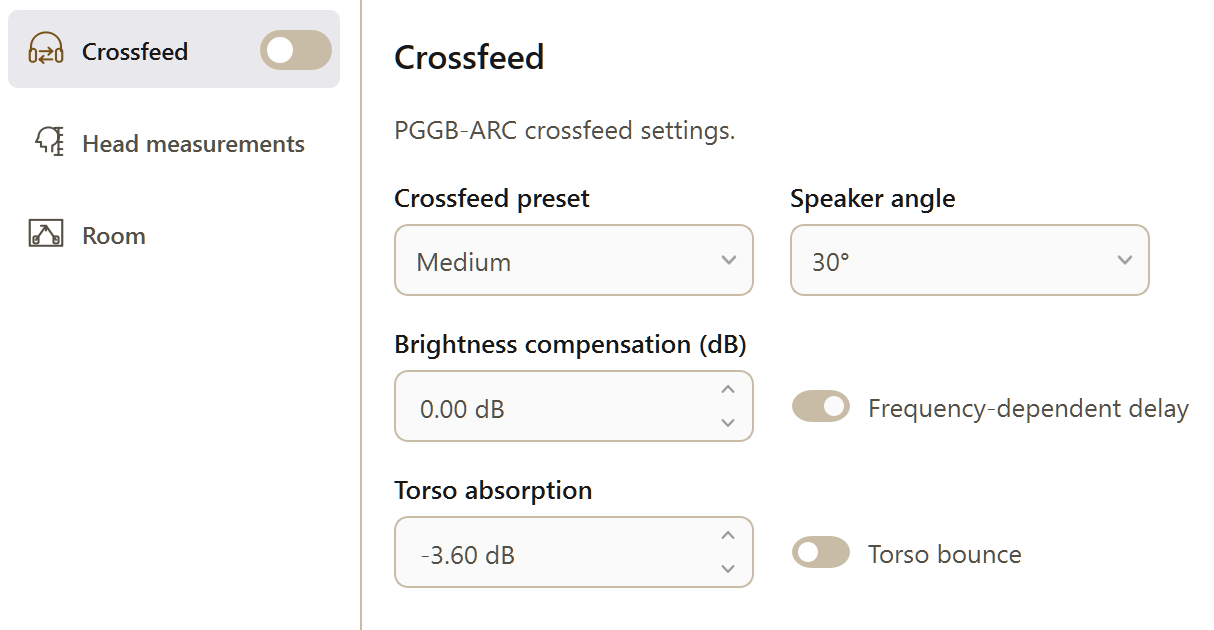 PGGB Settings: crossfeed. Current Windows application, idle.