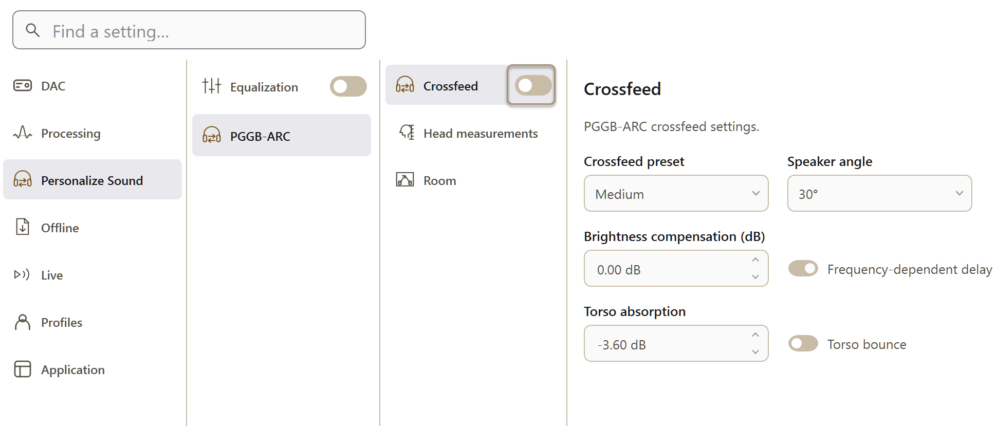 PGGB Settings: crossfeed. Current Windows application, idle.