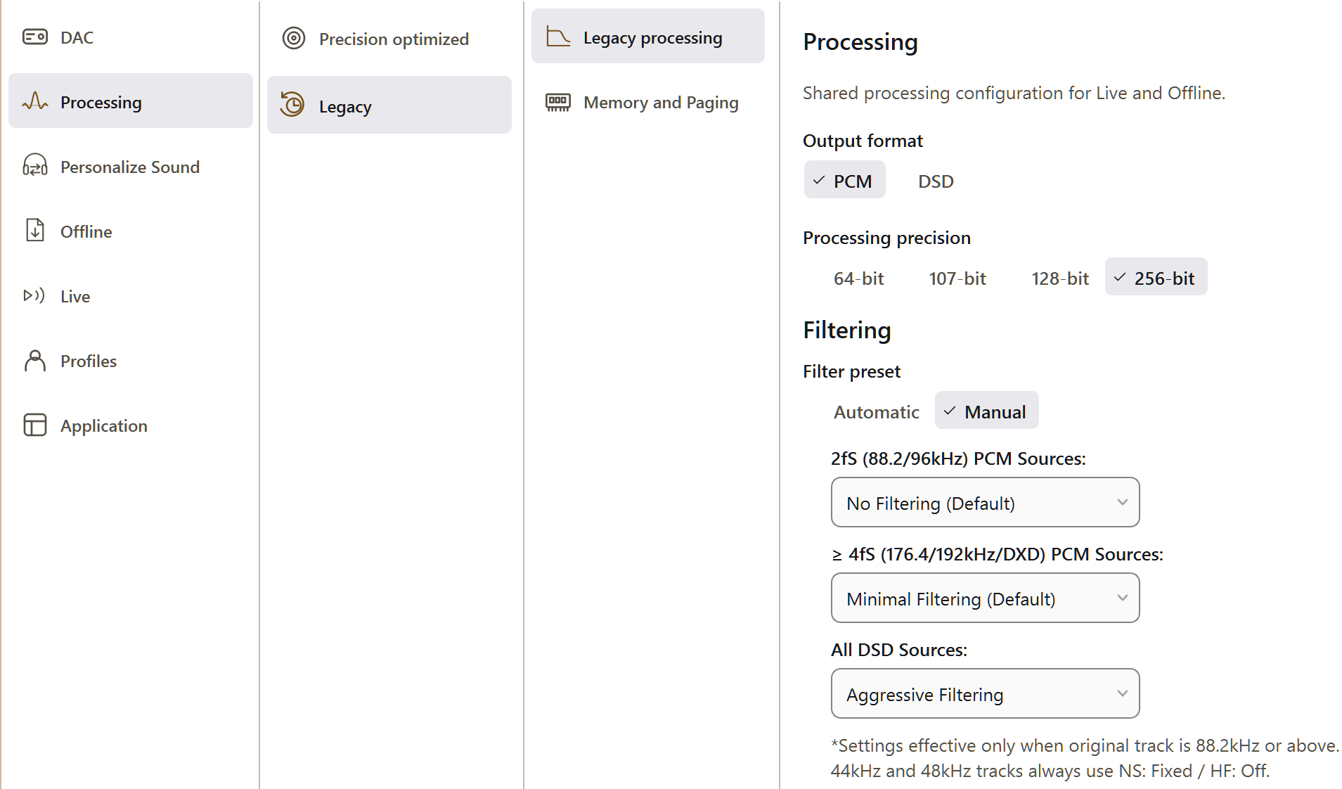 PGGB Settings: guide pcm legacy manual. Current Windows application, idle.