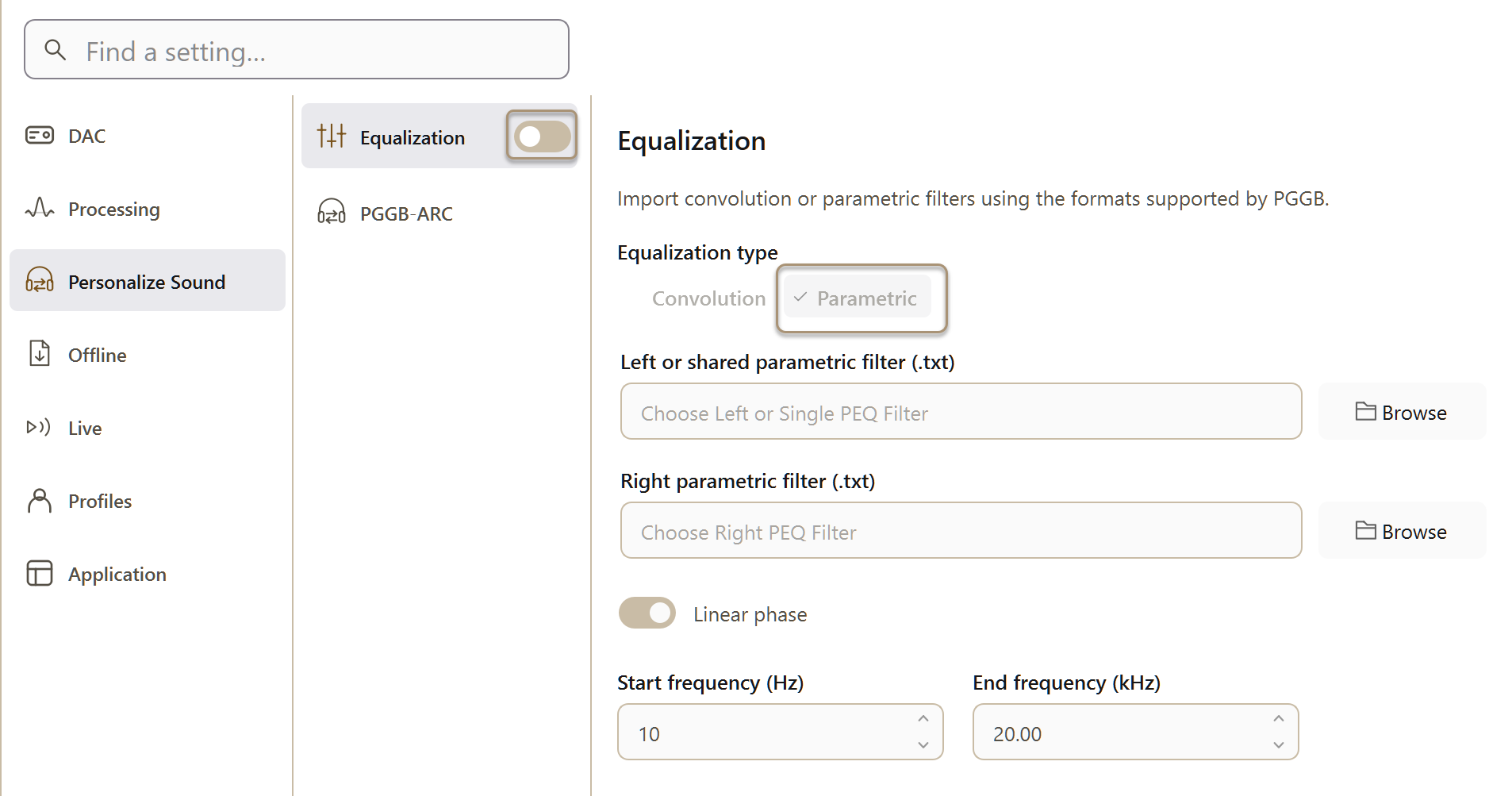 PGGB Settings: guide equalization parametric. Current Windows application, idle.
