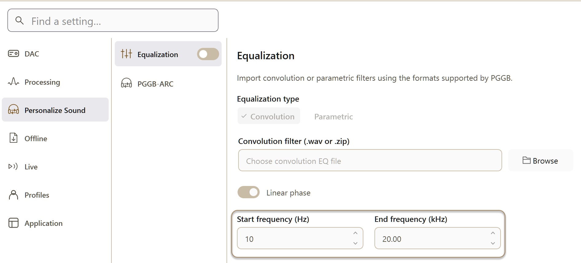 PGGB Settings: equalization. Current Windows application, idle.