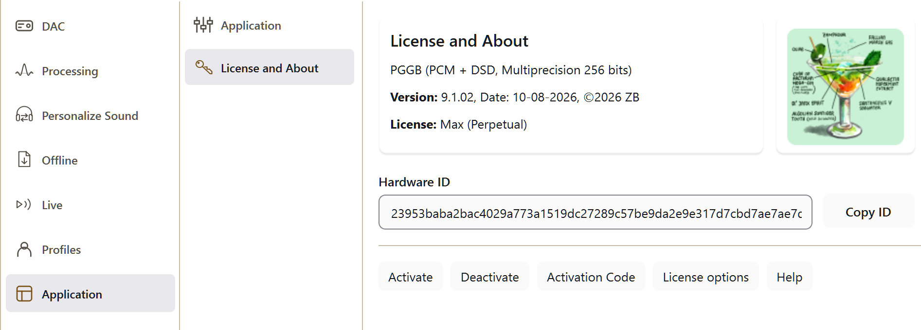 PGGB Settings: License and About. Current Windows application; Hardware ID masked and license tooltip withheld for privacy.