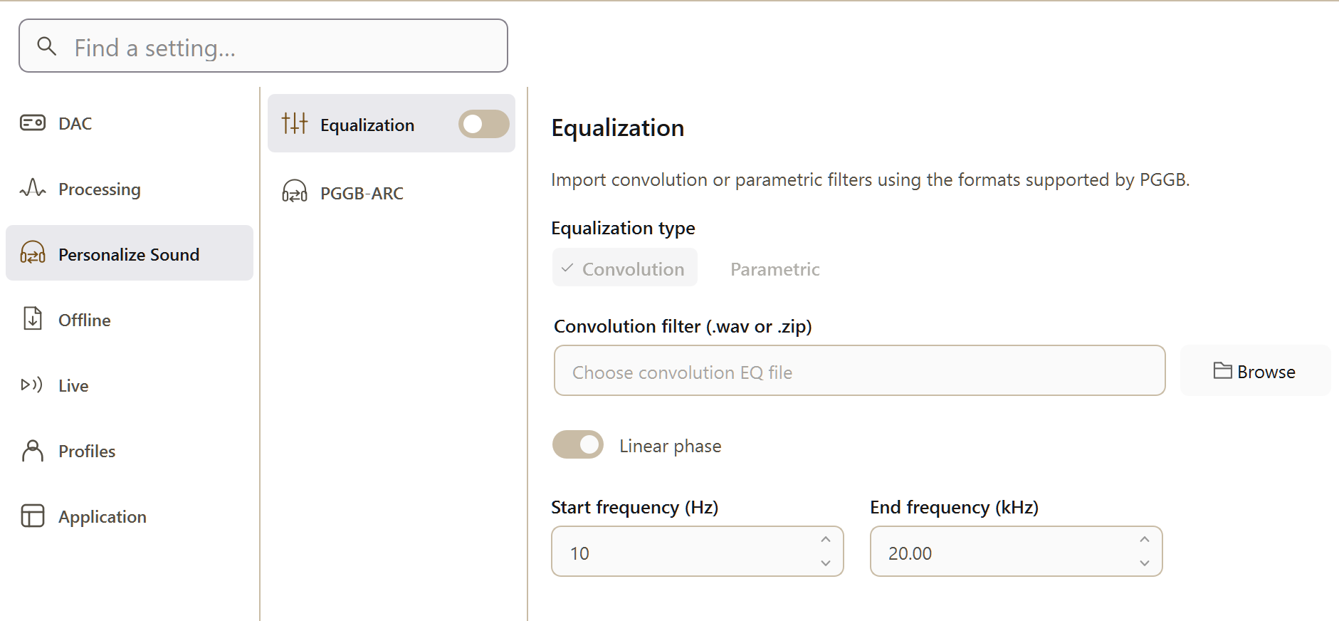 PGGB Settings: equalization. Current Windows application, idle.