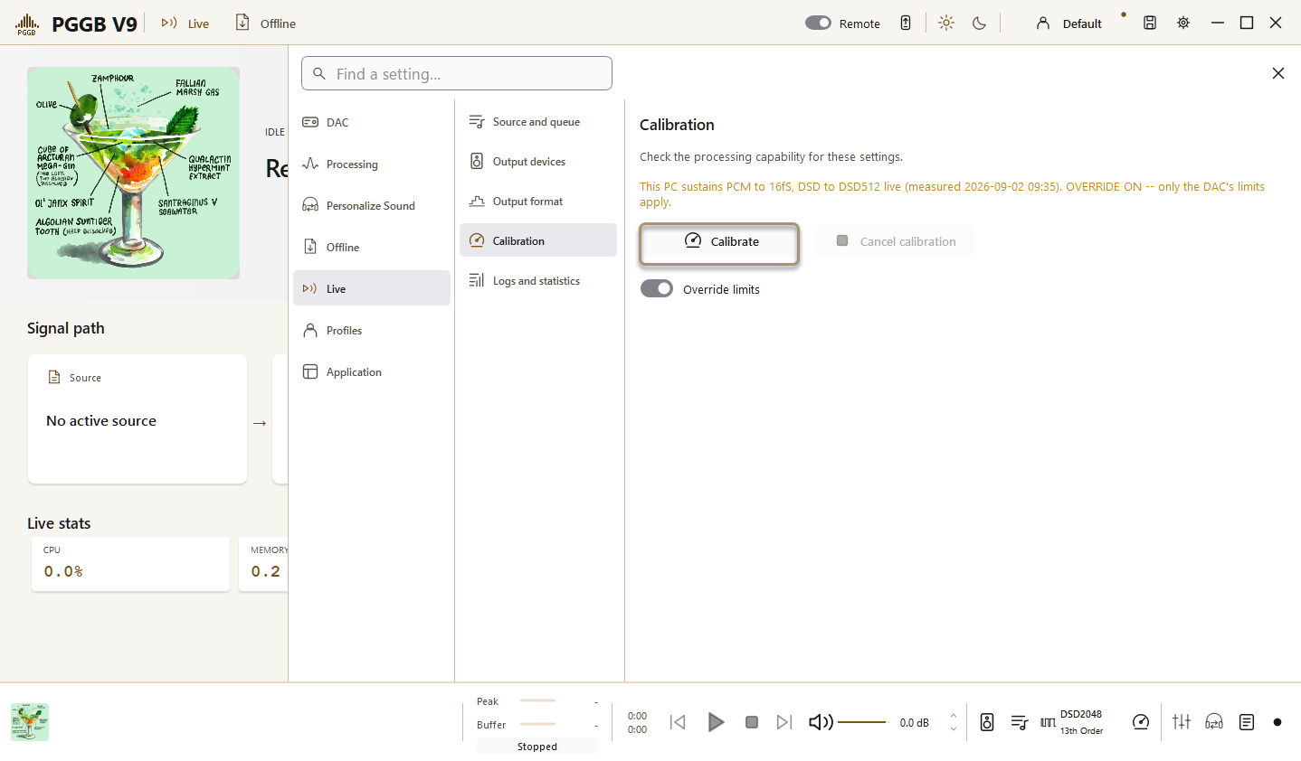 PGGB Settings: latest settings live calibration. Current Windows application, idle.