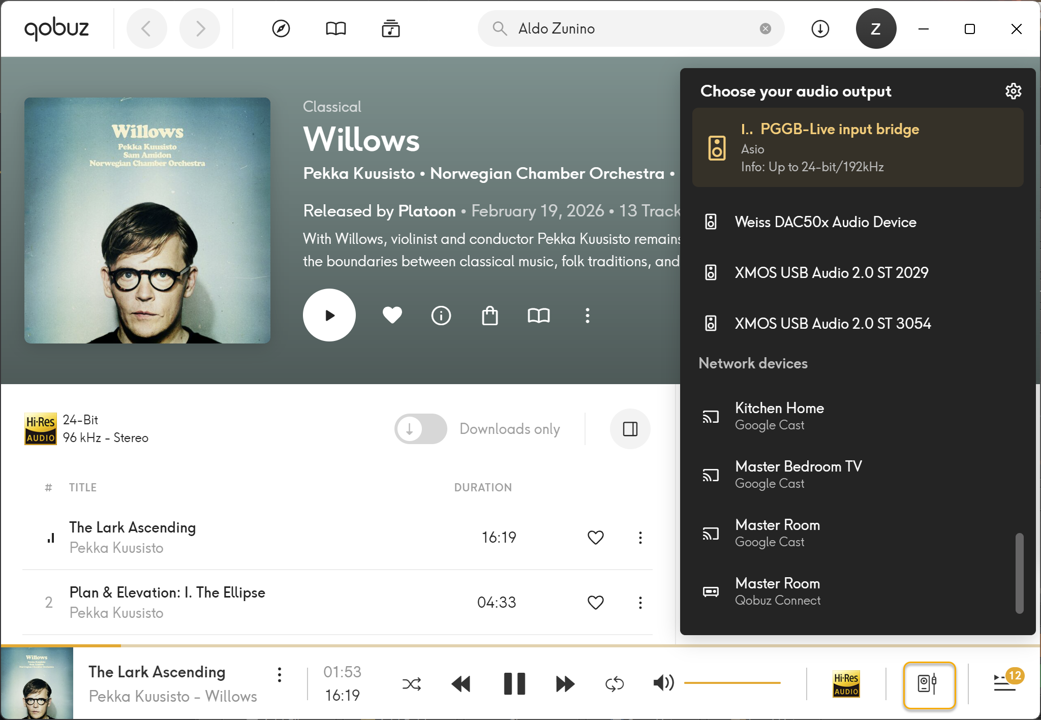 The Qobuz desktop app with its audio output list open and PGGB-Live input bridge selected as the ASIO output.