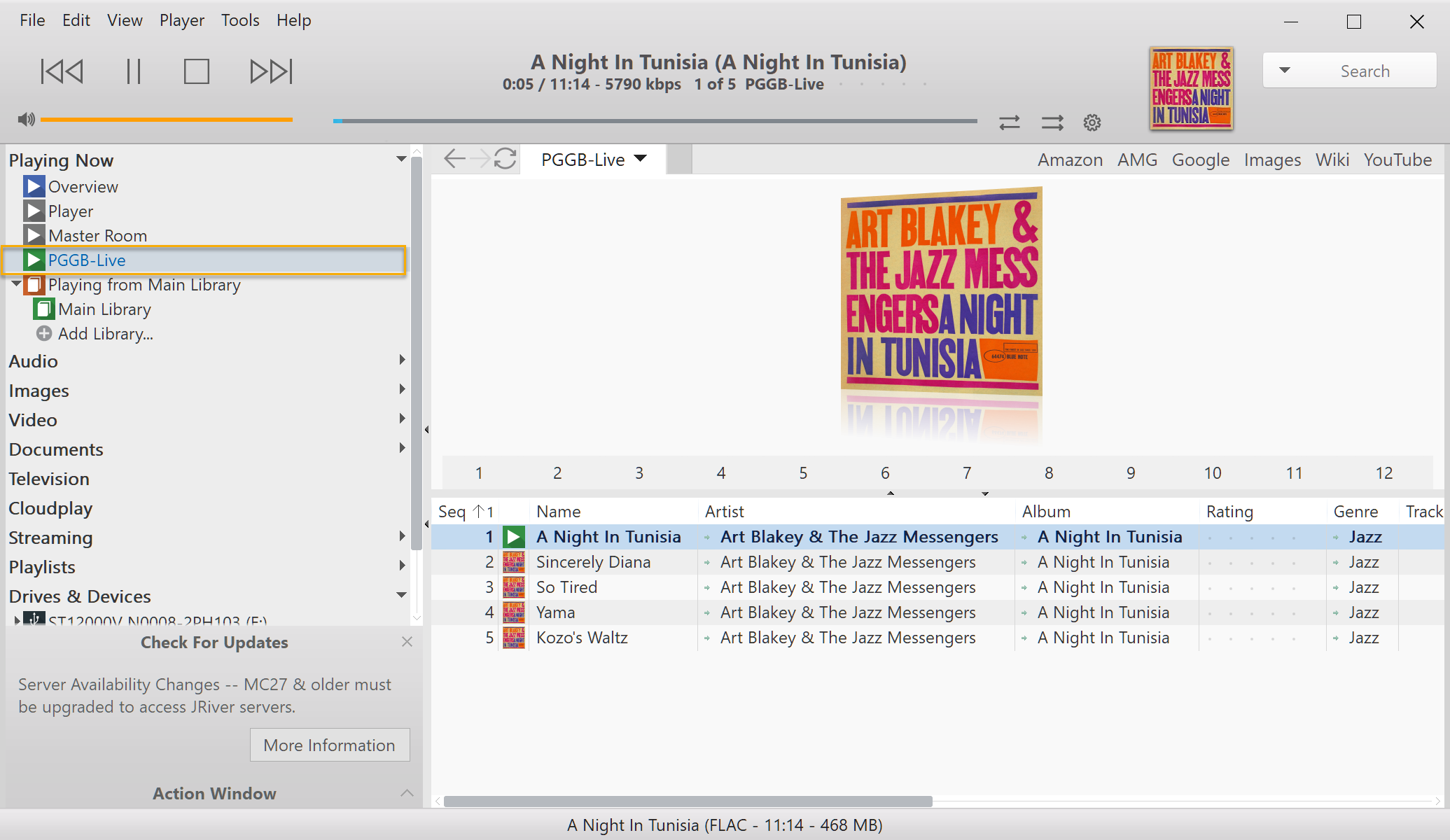JRiver Media Center with PGGB-Live selected as the playback zone, playing an album to it.