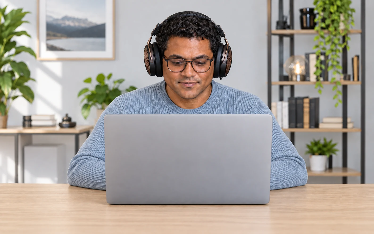 A middle-aged brown-skinned listener wearing glasses and Audeze CRBN2 headphones looks down at a laptop